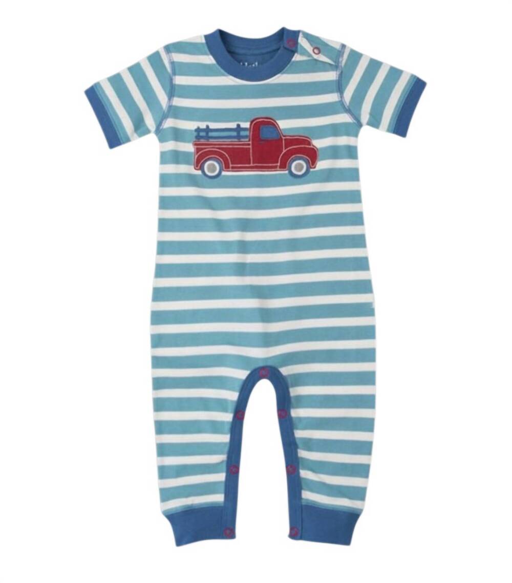 NEW HATLEY kids short sleeve heavy load striped applique romper in blue
